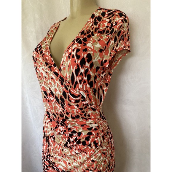 Cache Dress Sheath Cap Sleeve Faux Wrap Orange Coral Surplice V neck Ruc… - Picture 4 of 5